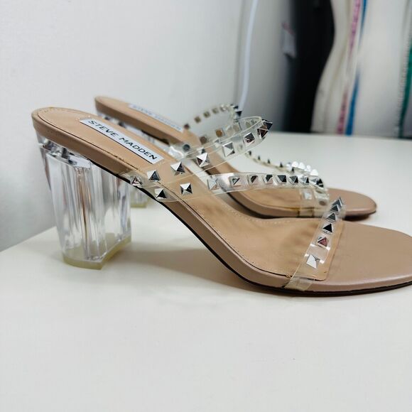 Steve Madden Nude Lucite Tangent Cone Heel Clear Silver Studded Strappy Sandal 9 - Picture 8 of 16